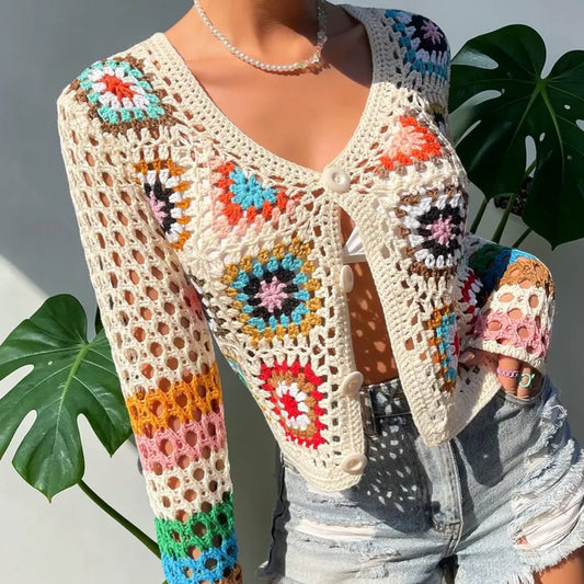 Handmade Crochet Granny Square Cardigan Colorful Boho Knit Sweater Vintage Retro Festival Top
